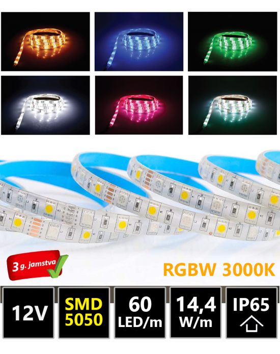 PROFESIONALNA LED TRAKA, SMD 5050, 60LED/m, 12V, 14,4W/m, RGB-W 3000K, IP65, 5m